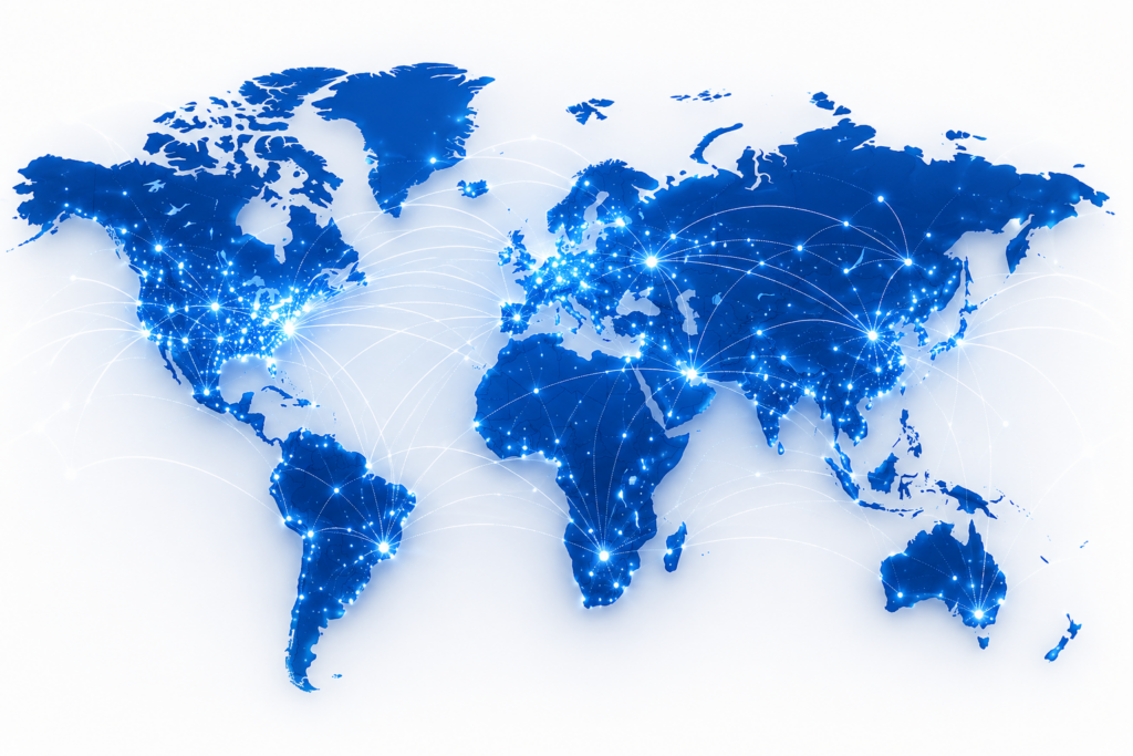 Blue glowing world map with network connections
