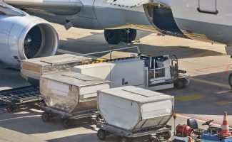 Cargo containers loaded into an airliner
